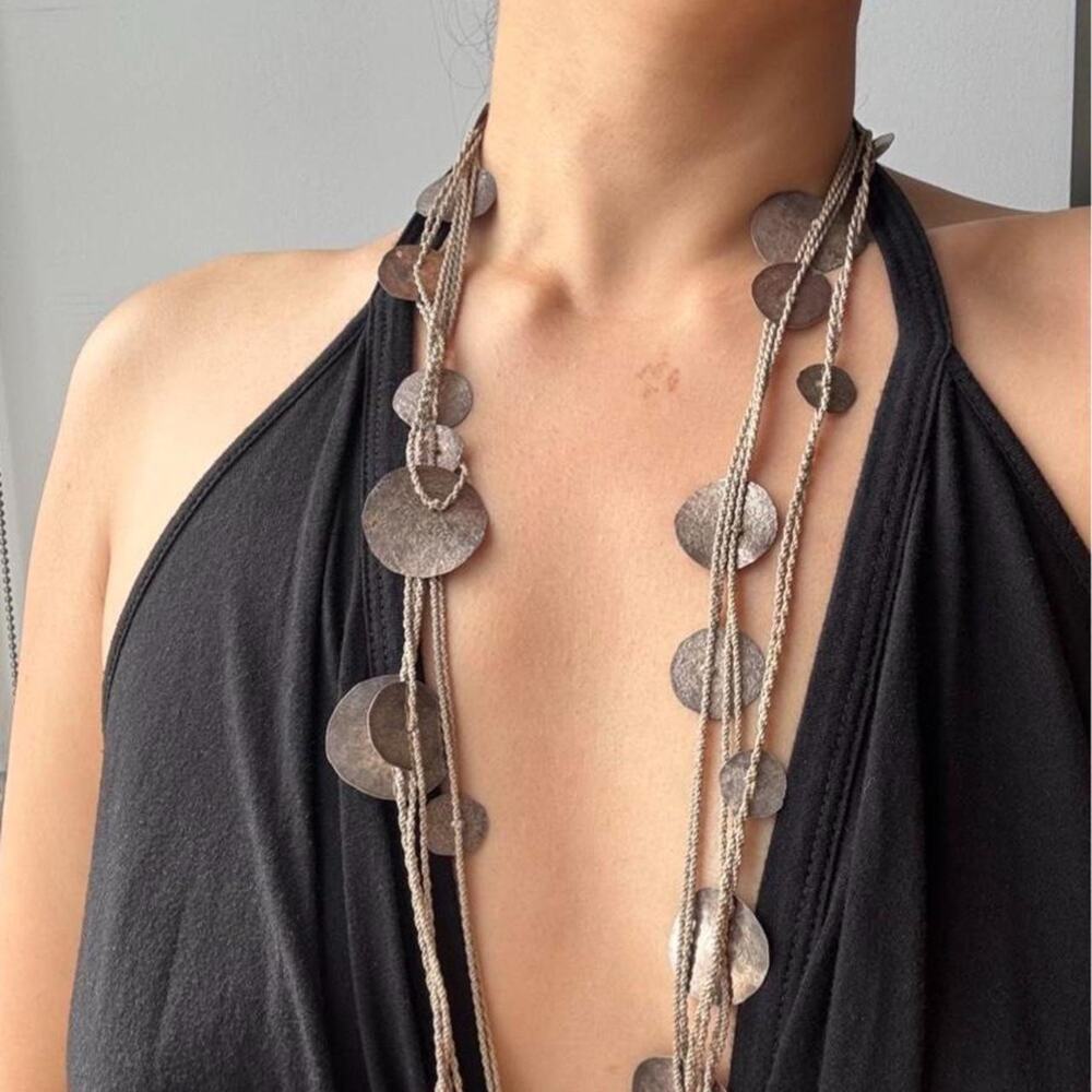 VTG 90s Antique Silver Multi Strand Disc Necklace Modernist Artisan Signed
